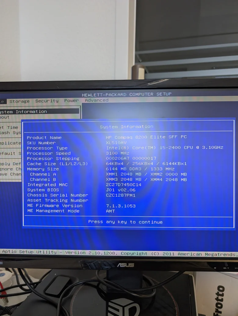 BIOS System Information des HP Compaq 8200 Elite