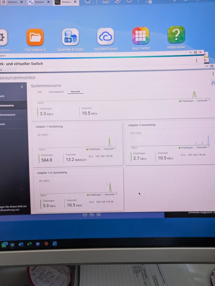 QNAP Ressourcenmonitor Netzwerk Adapter 1+2 Auslastung